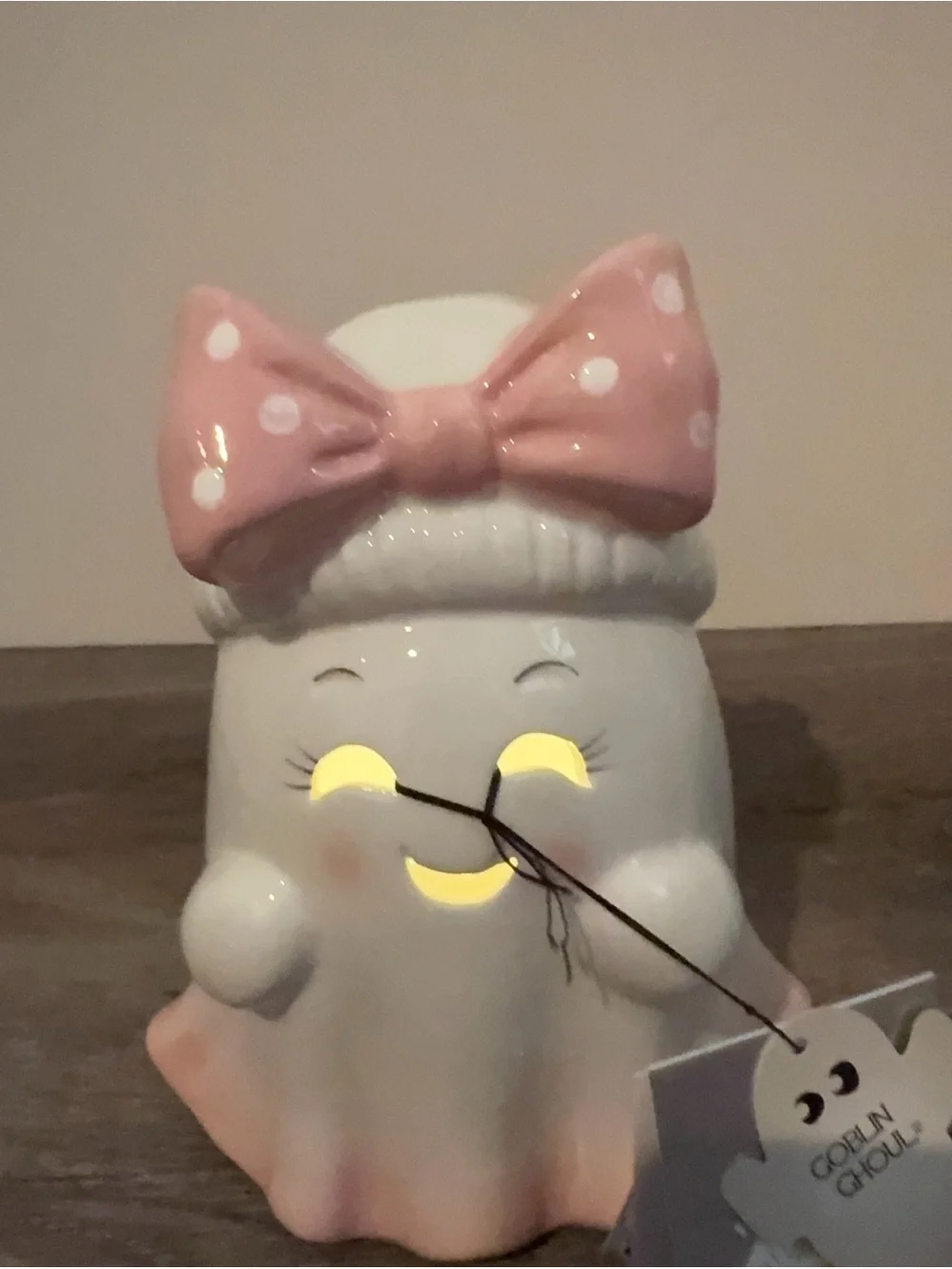 Absolutely Adorable Goblin & Ghoul Light-up Pink Bow Ceramic Ghost- NWT